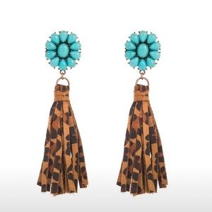 NEW Turquoise Leather Tassel Western Boho Fringe Earrings